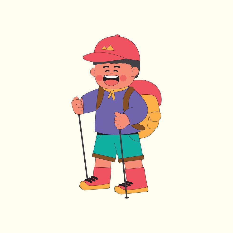 Boy doing hiking cartoon character illustration vector