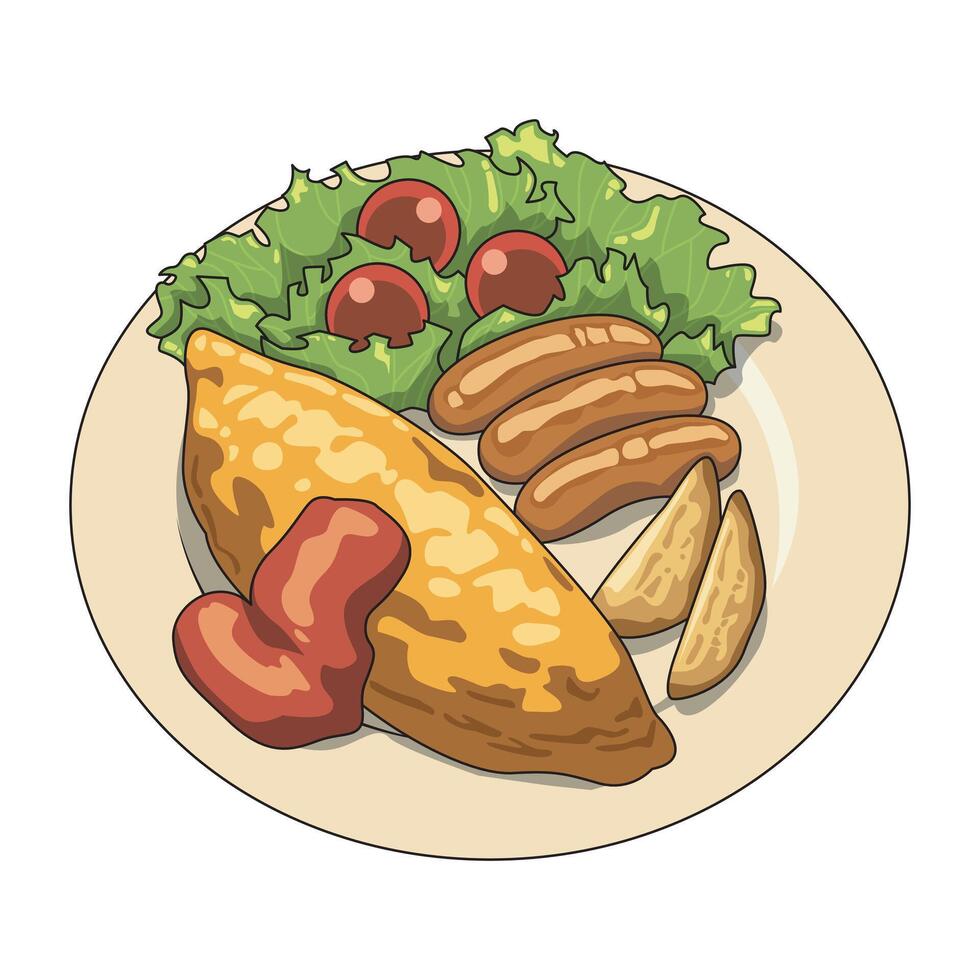 classic breakfast menu omelette with sauce, potato wedges, sausage, cherry tomatoes and vegetables vector
