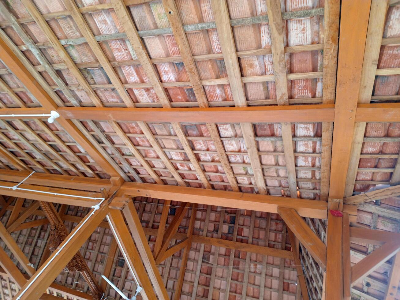 The roof frame of a building is made of solid wood, with clay tiles, with aesthetic shape photo