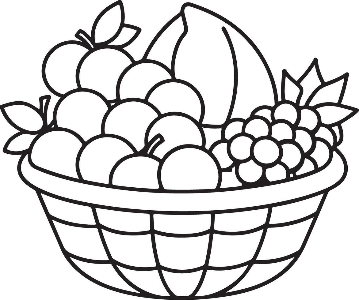 Silhouette Style Fruit Basket Coloring Page on White Background vector