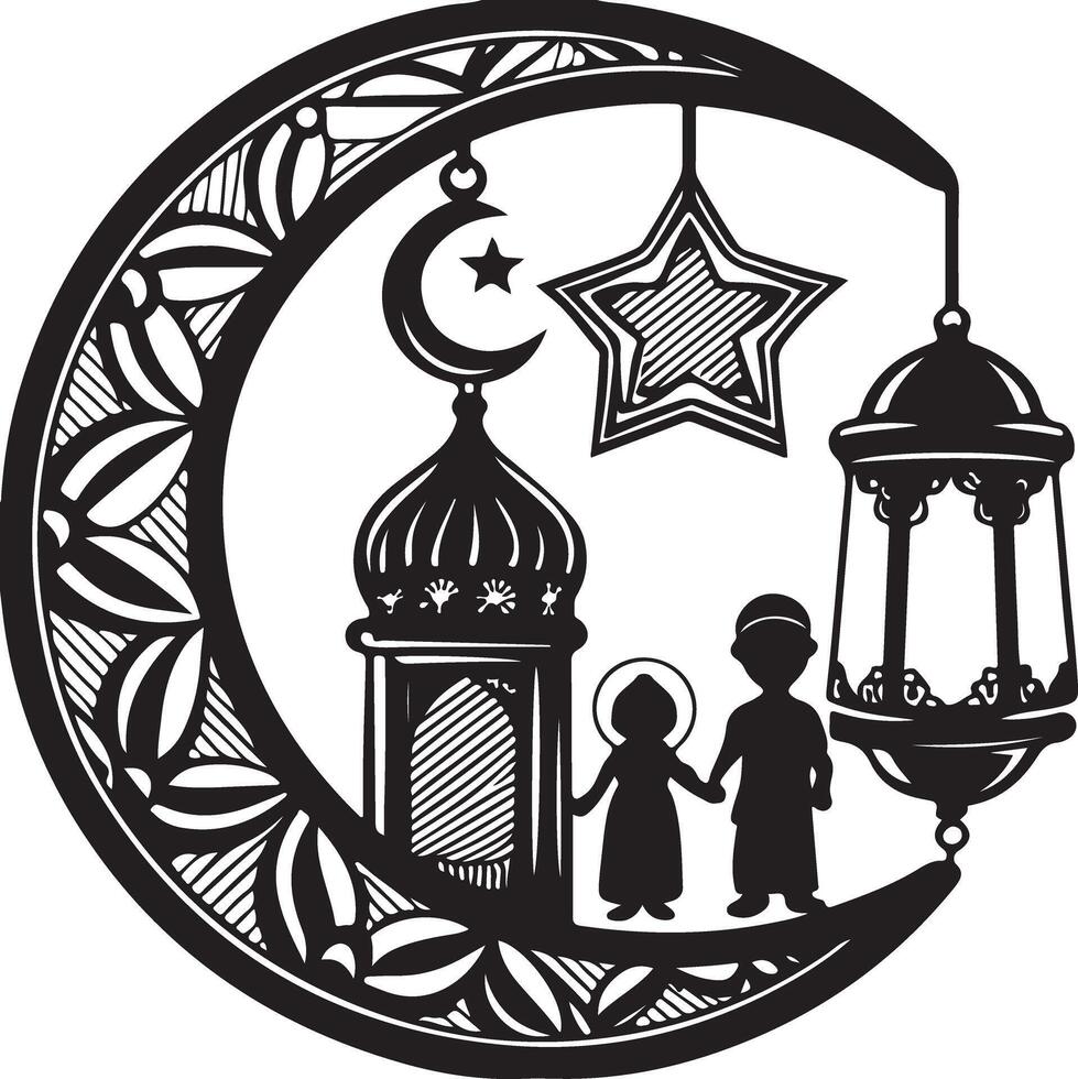 Islamic Ramadan Silhouette Art with Solid White Background vector
