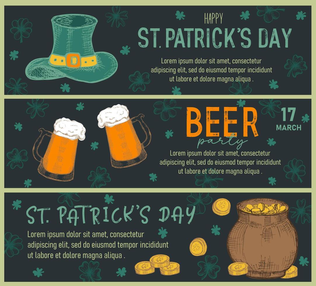 Set of trendy templates for Happy St Patrick's day with clovers, leprechaun hat, beer mug vector
