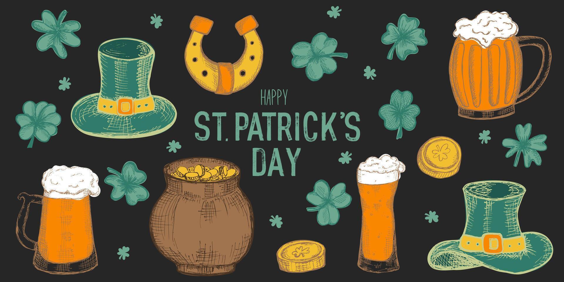 Set of retro hand drawn elements for Happy St Patrick's day vector