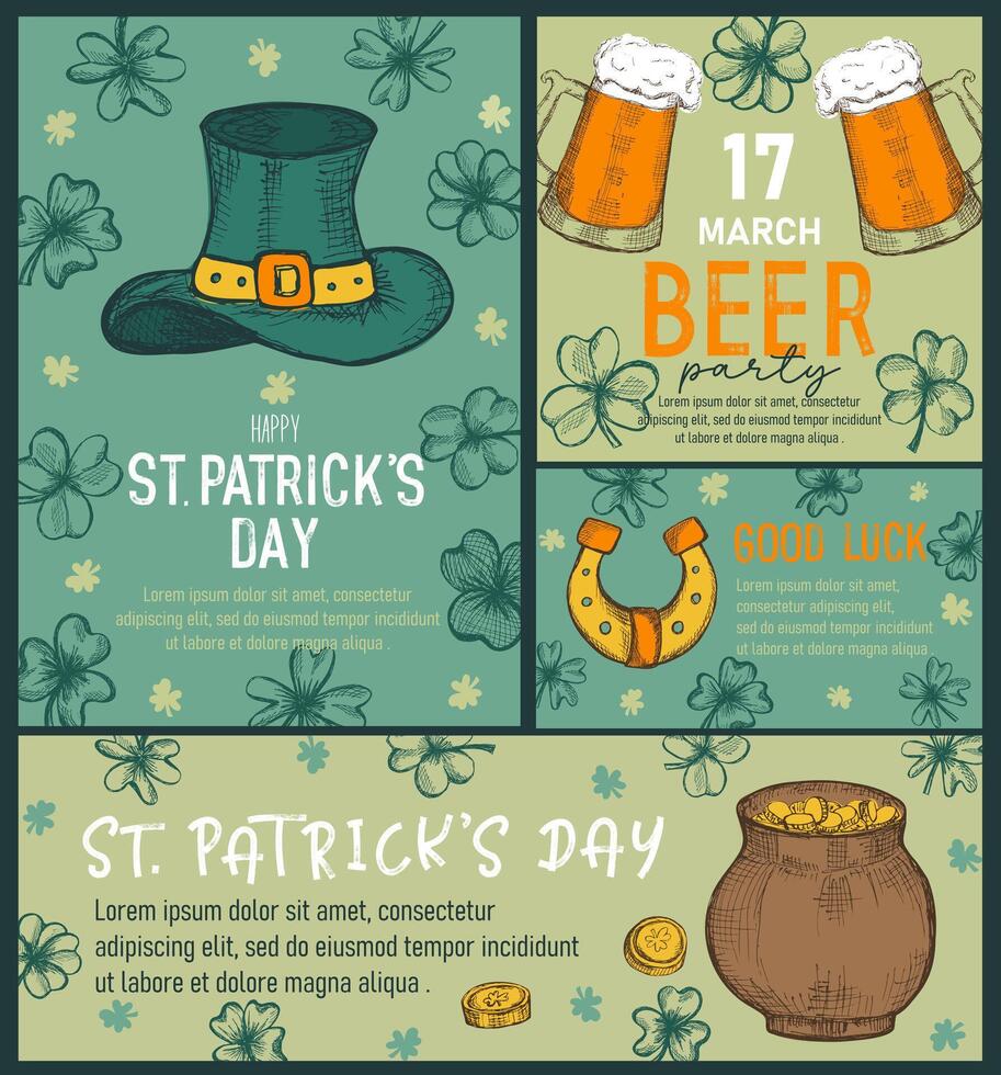 Set of trendy templates for Happy St Patrick's day with clovers, leprechaun hat, beer mugs. Great for party invitation, greeting cards, flyers, banners and posters. vector