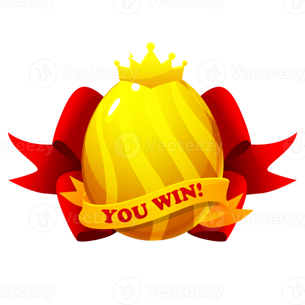 Easter Egg award, Golden egg with ribbons and text YOU WIN. Game badge symbol, Game winner icon png