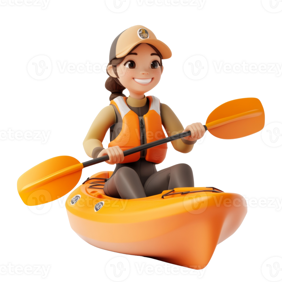 Happy Girl Kayaking in Orange Kayak With Paddle png