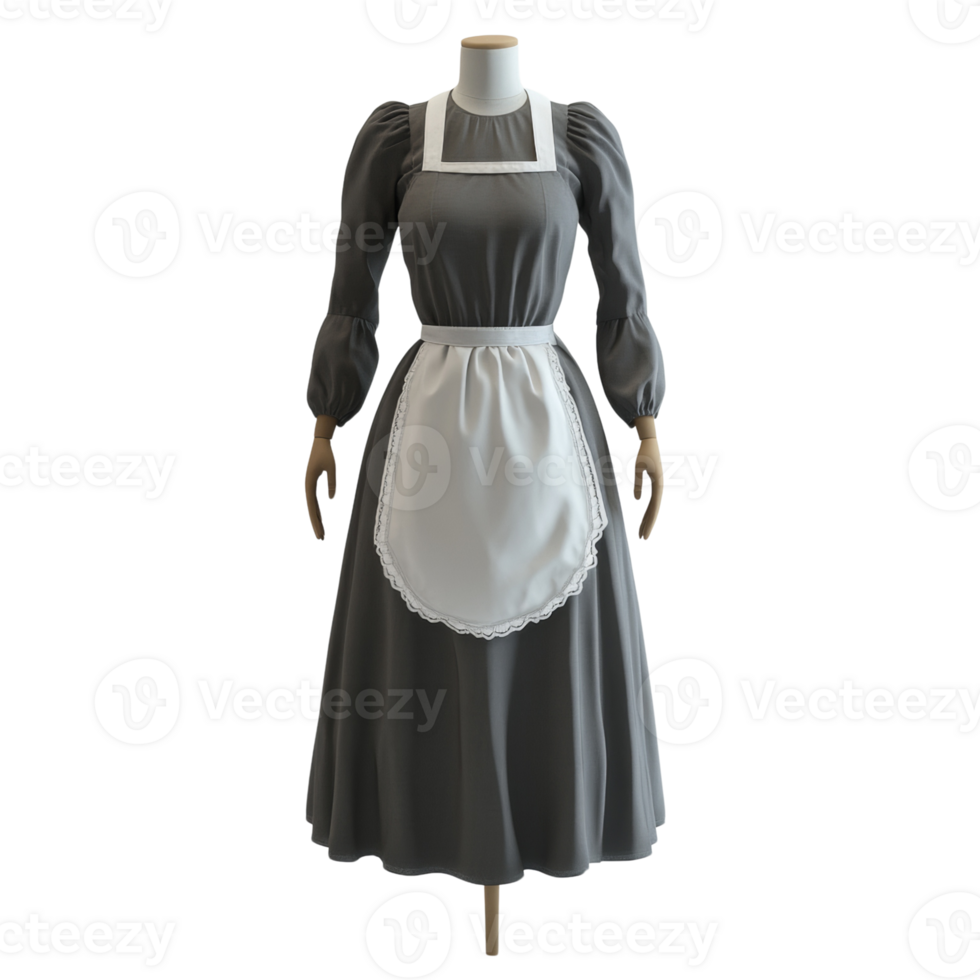 Gray Maid Dress With White Apron And Lace Trim png
