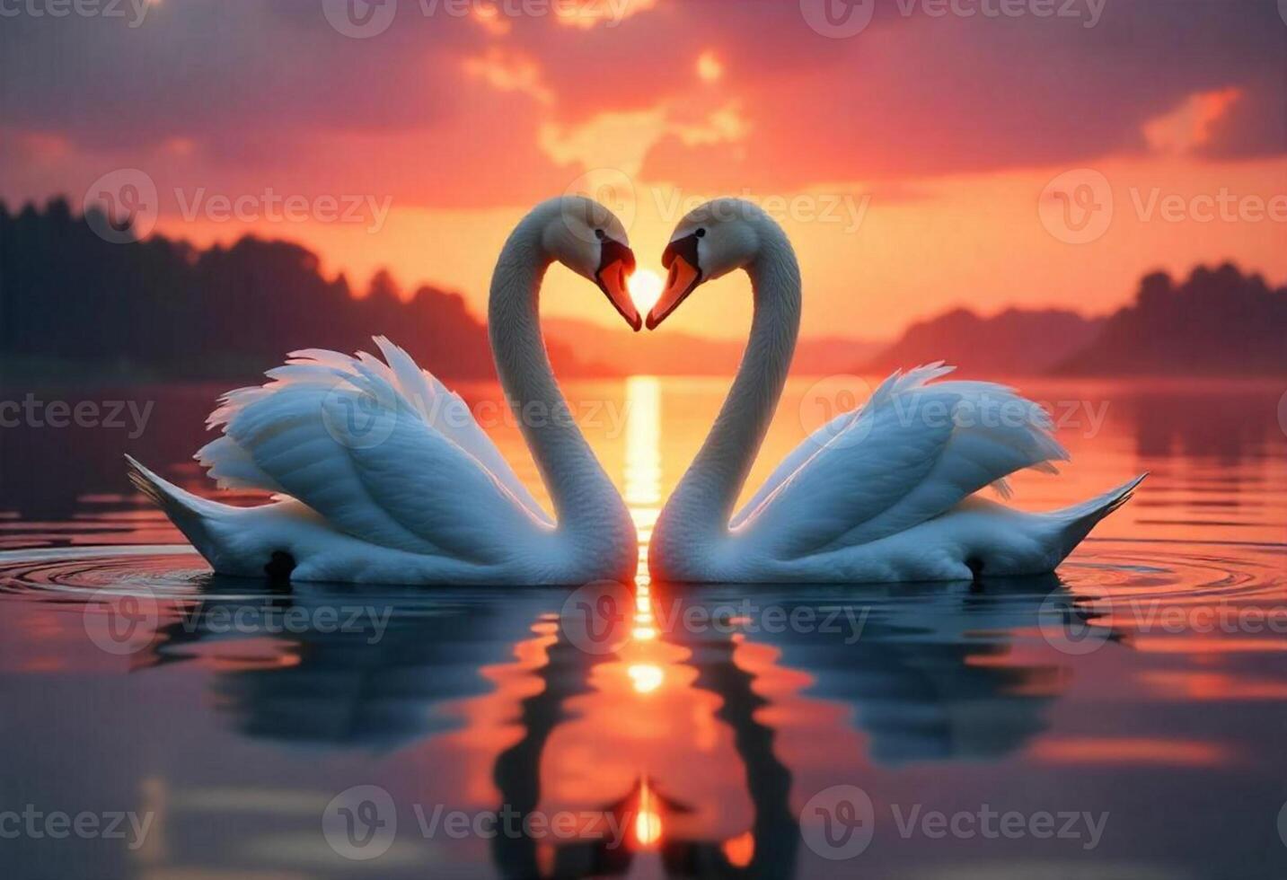 Two white swans forming a heart shape with their necks, floating on calm water at sunset. Romantic nature concept photo