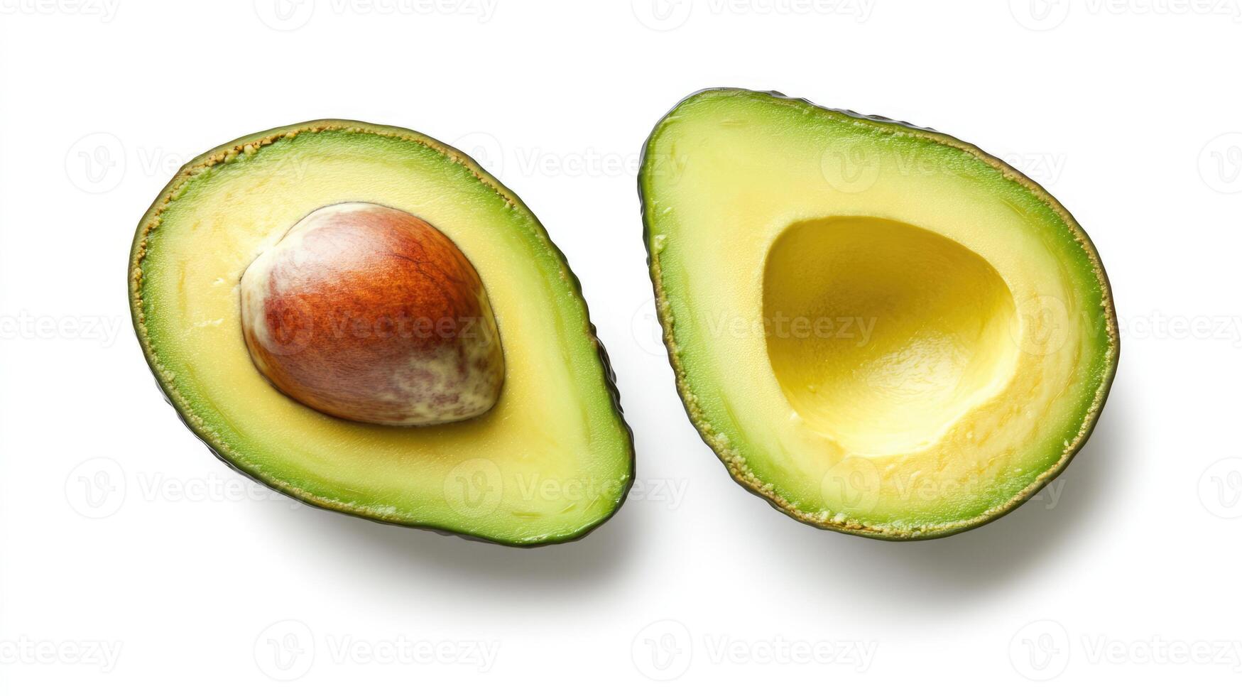 Two halves of avocado isolated on white background. Fresh ripe whole green fruit photo