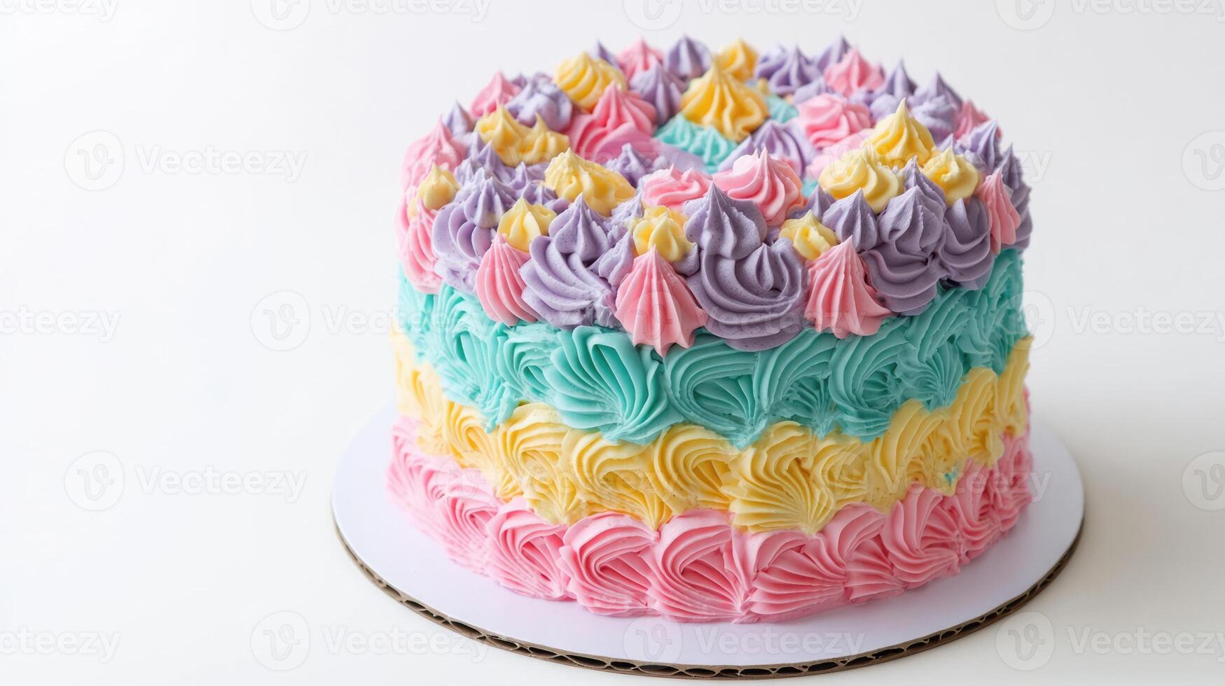 Colourful buttercream birthday cake isolated on white background with copy space. Sweet dessert for a dinner party photo
