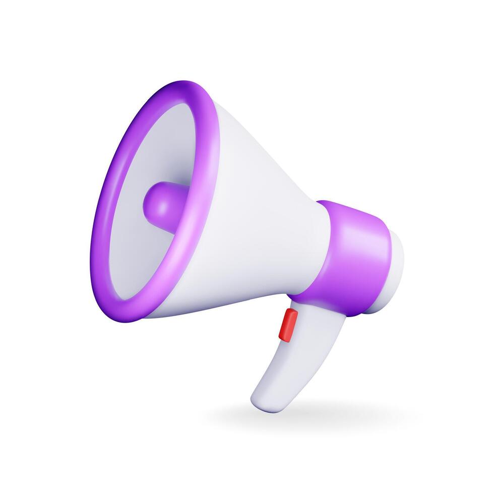3D megaphone isolated on white background. Render plastic megaphone realistic. Modern bullhorn or loudspeaker. Announcement message vector