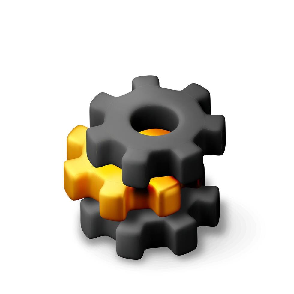 3D gold and black geometric gear wheels. Render cogwheel isolated vector