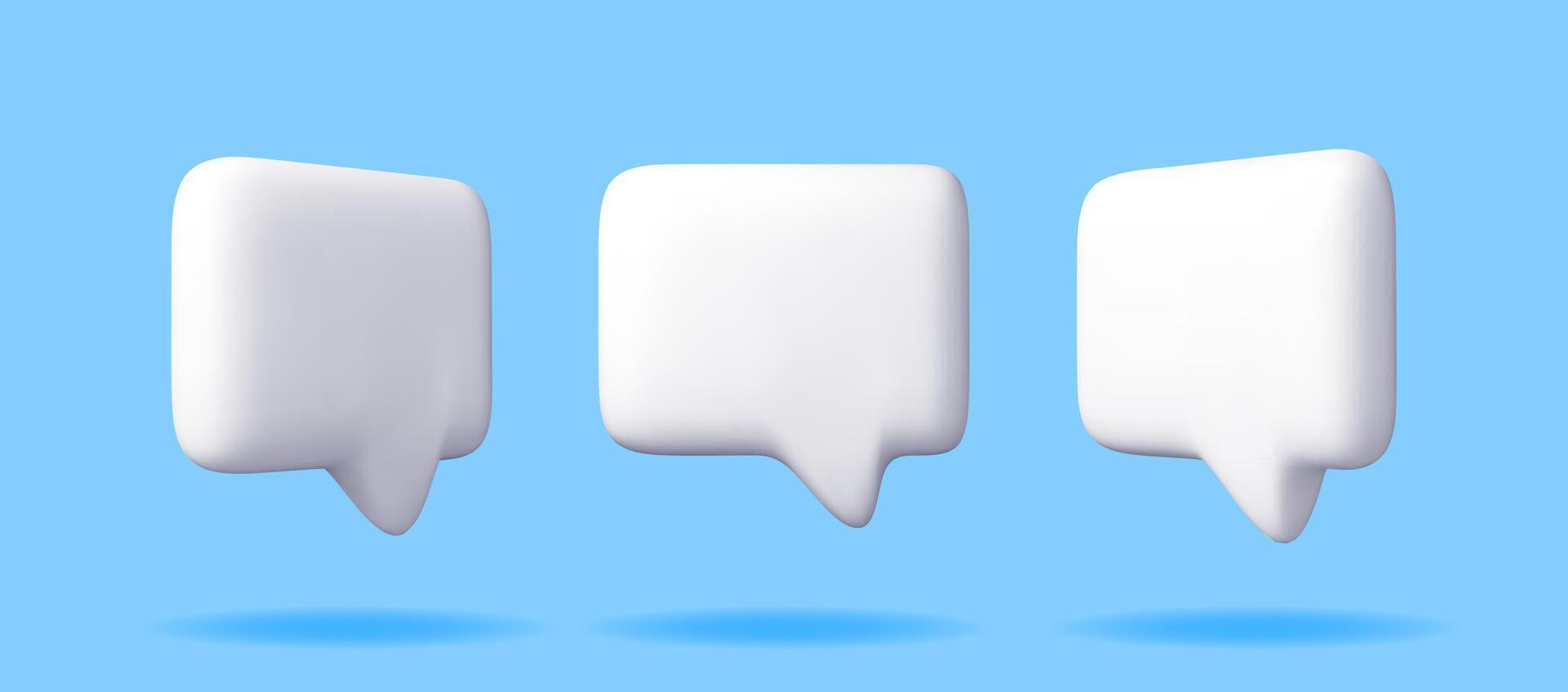 3D white blank speech bubble set isolated on blue. Render collection of chat balloon pin. Notification shape mockup. Communication, web, social network media, app button vector