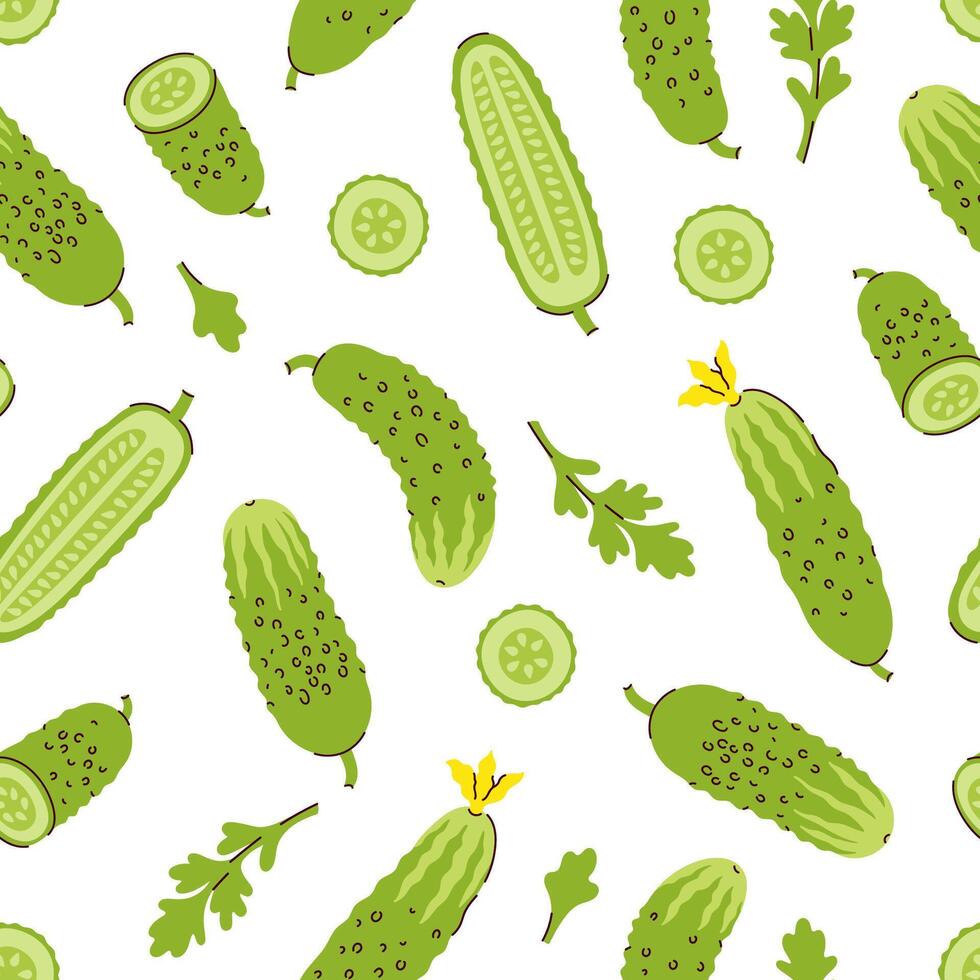 Seamless pattern with cucumbers and cucumber parts on a white background. graphics. vector