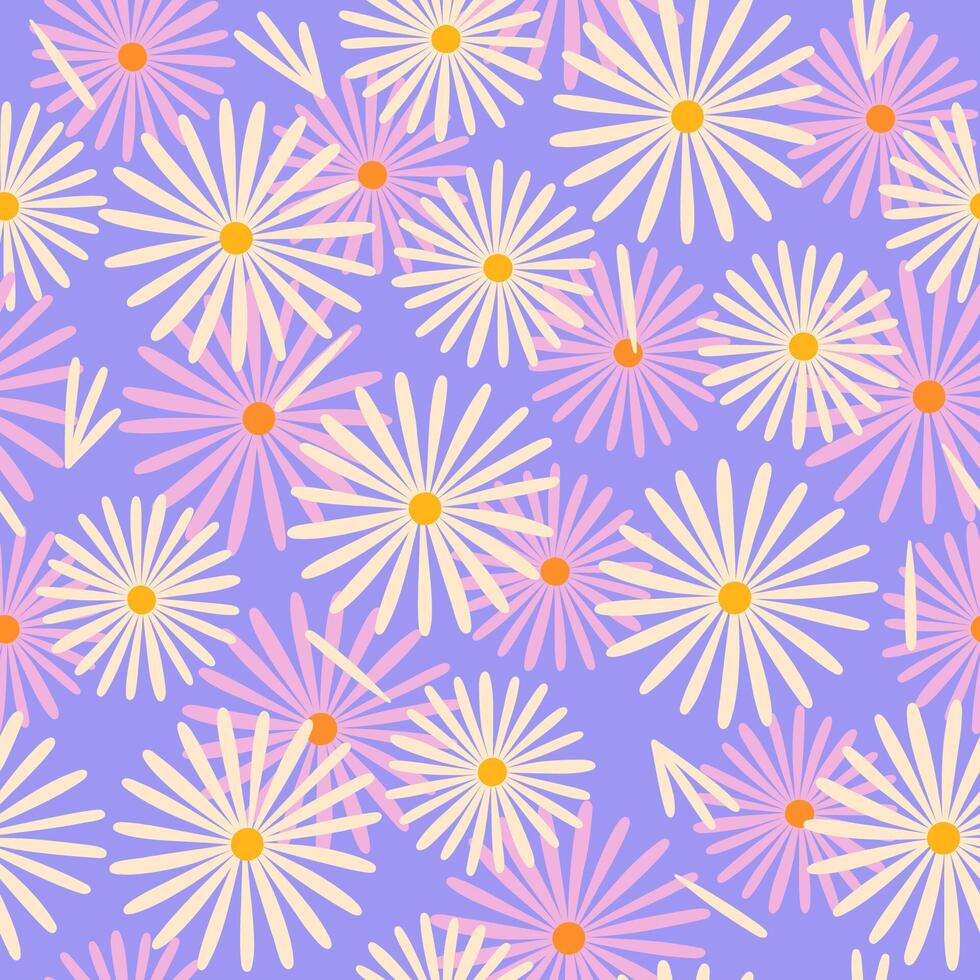 Seamless pattern with white and pink daisies on a purple background. graphics. vector