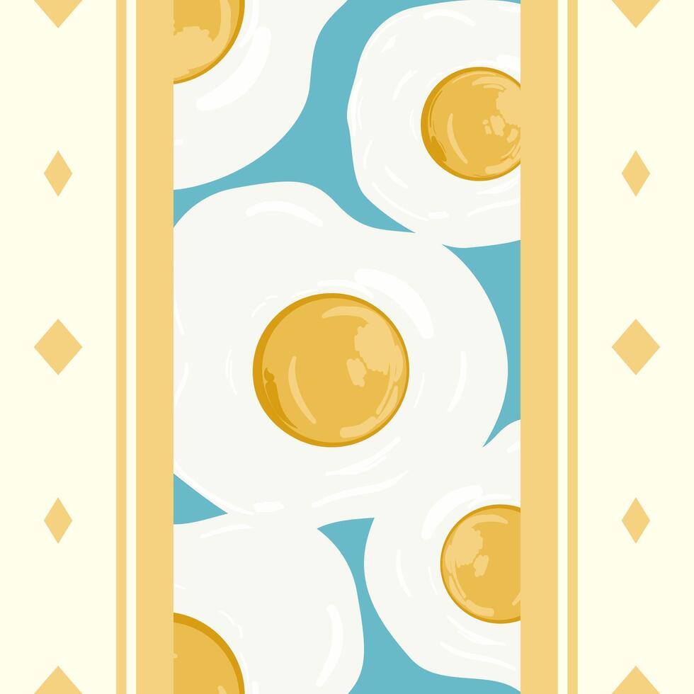 Eggs which are removed from their shells, Fried Eggs on Blue Background and Yellow Stripe Seamless Pattern for fabric, tile, carpet, border, illustration design vector