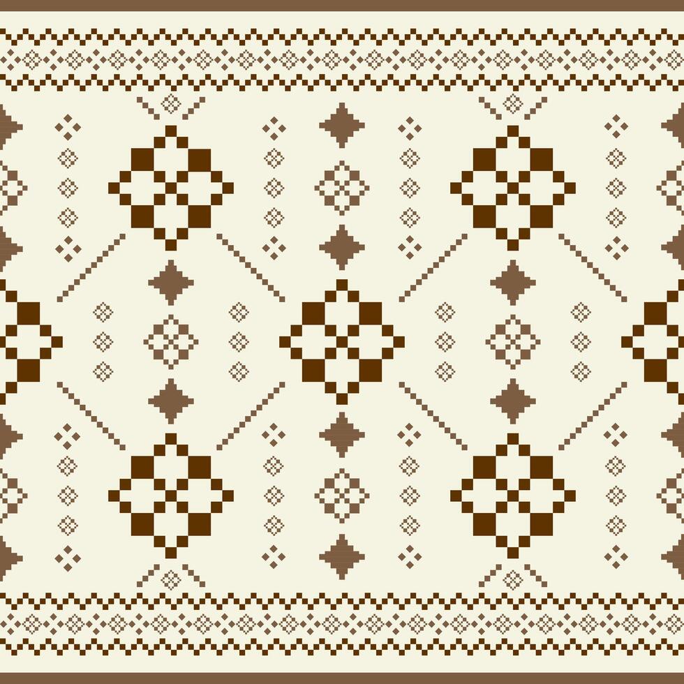 Warm Elegance Luxury Brown Pixel Embroidery Exquisitely Weaves. Delicate Abstract Ethic Pattern on Beige Background Detailed Traditional Royal Geometric Border Twinkle And Bling Tatami Seamless Design vector