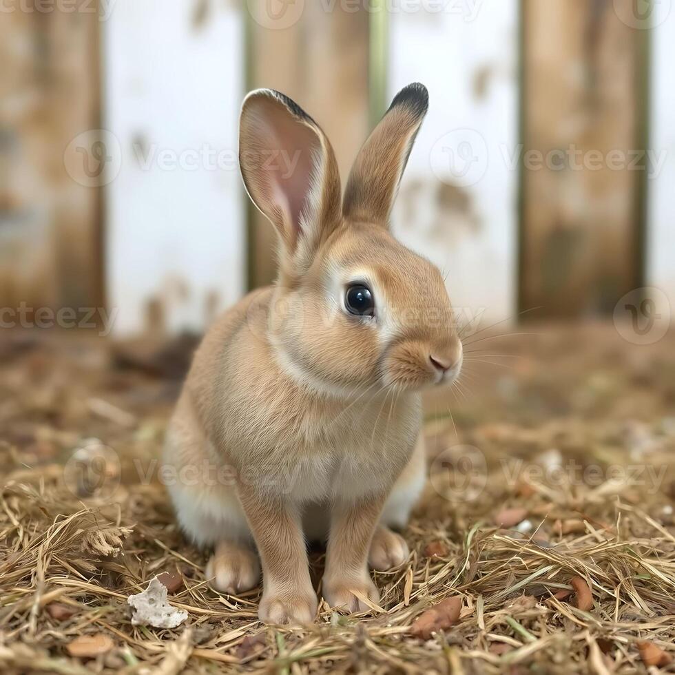 Cute Brown Rabbit Sitting on Straw Ground photo