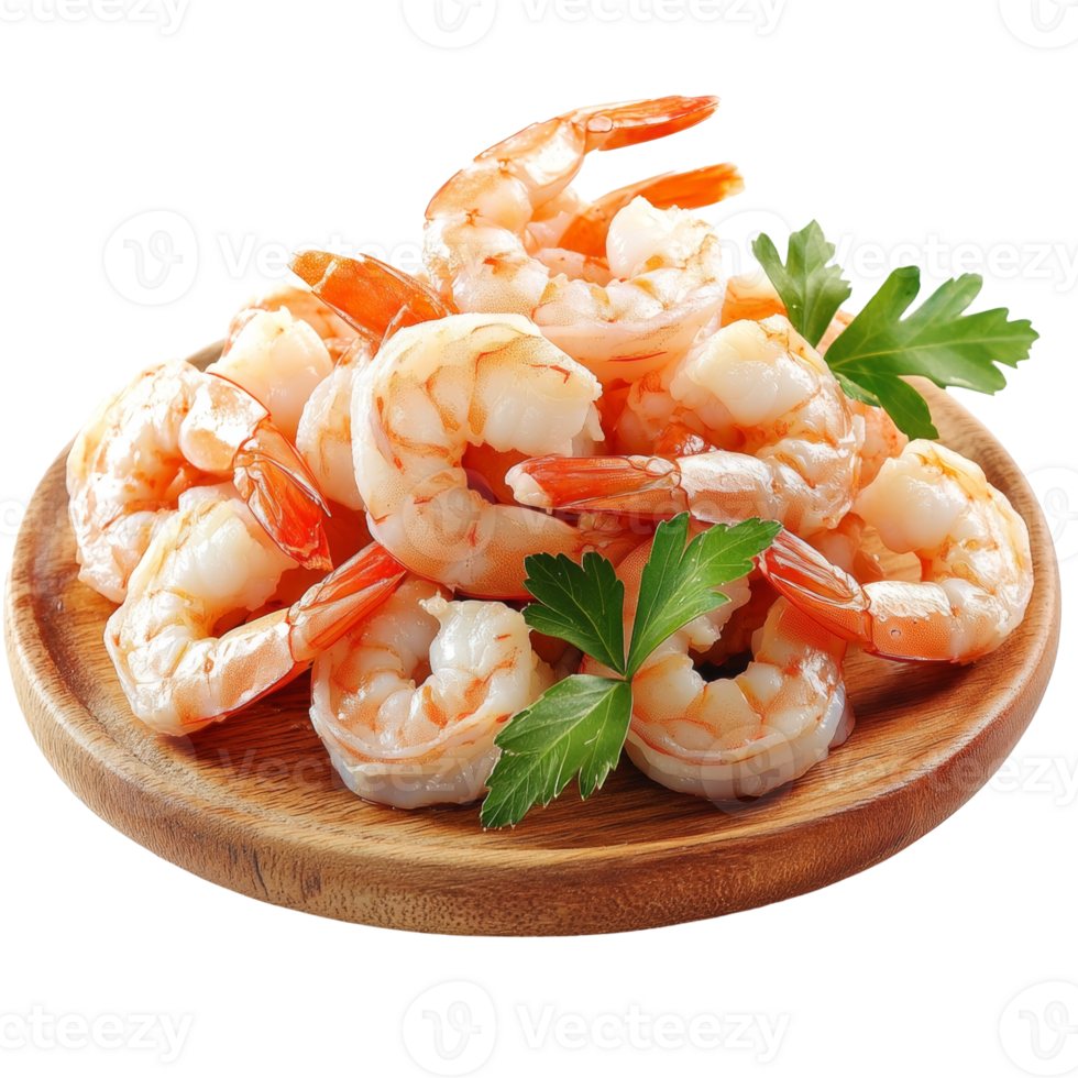 Cooked Shrimp Arranged on Wooden Plate with Parsley png