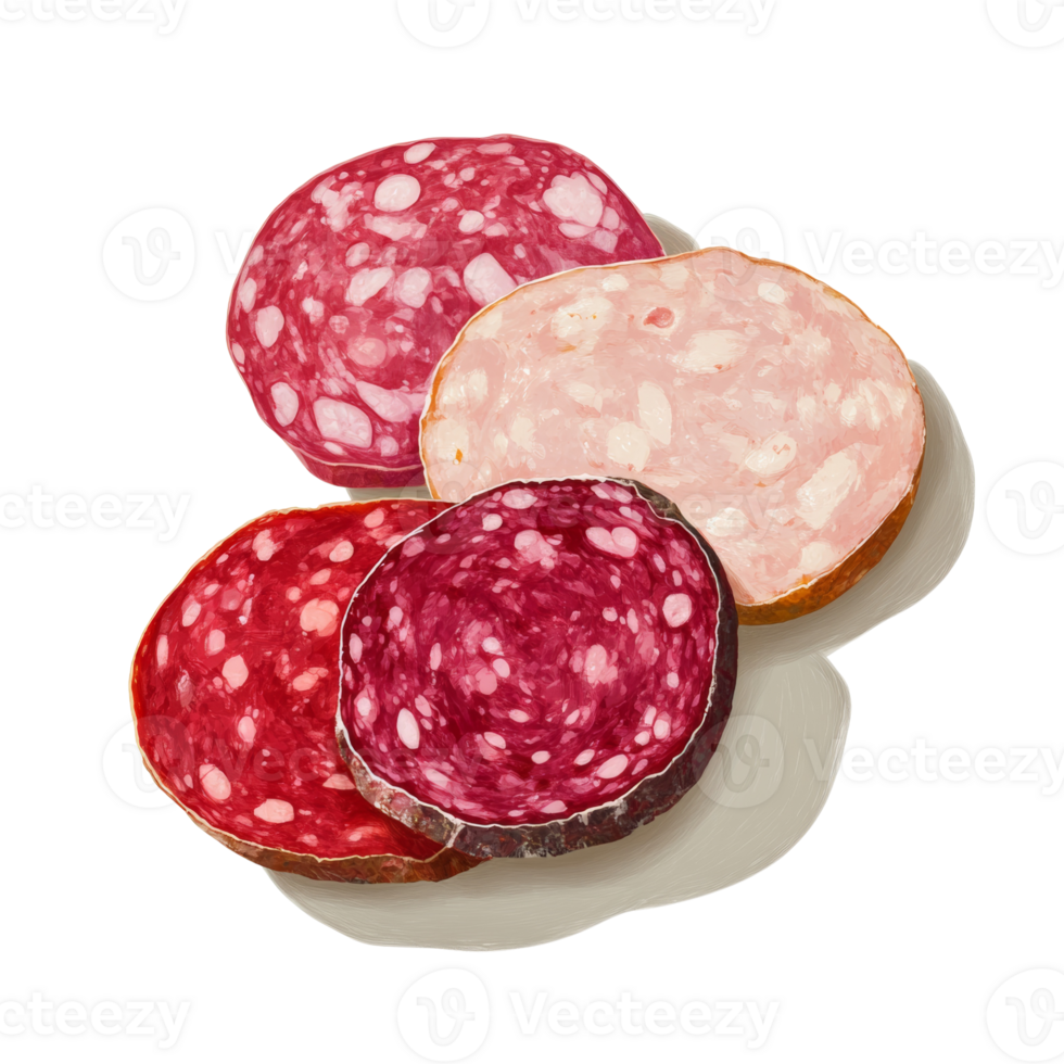 Delicious salami slices arranged aesthetically on white background png