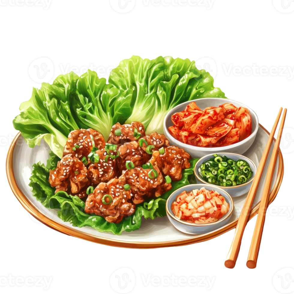 Delicious Korean Sesame Chicken with Kimchi and Lettuce png