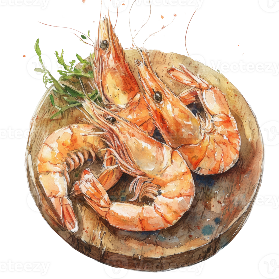 Watercolor Painting of Three Cooked Shrimps on a Wooden Platter png
