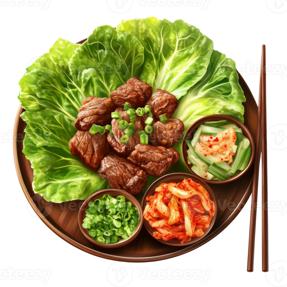 Delicious Korean Bulgogi Served with Kimchi and Vegetables png