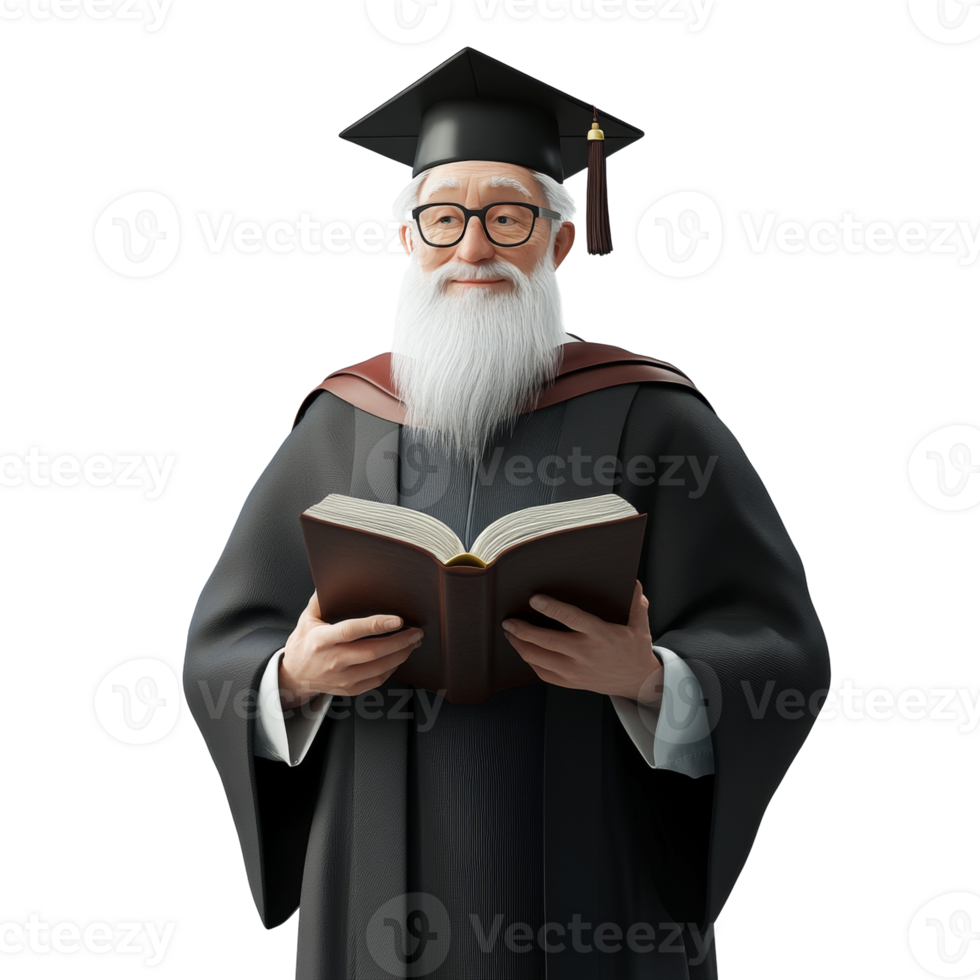 Elderly Professor Reading a Book in Academic Gown png