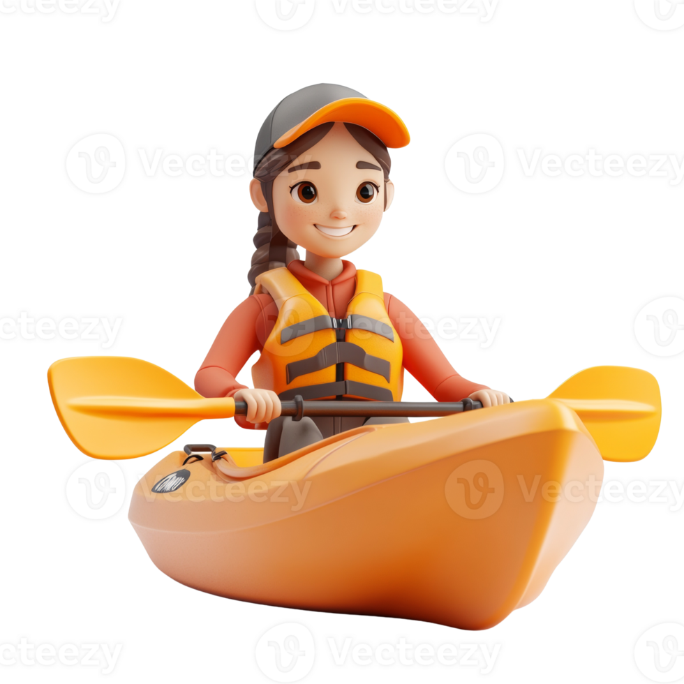 Happy Girl Kayaking in Orange Kayak on Calm Water png