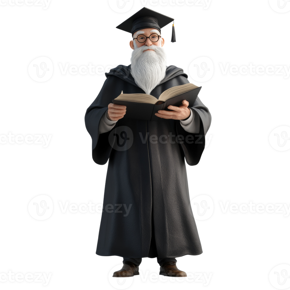 Elderly Professor Reading a Book in Academic Regalia png