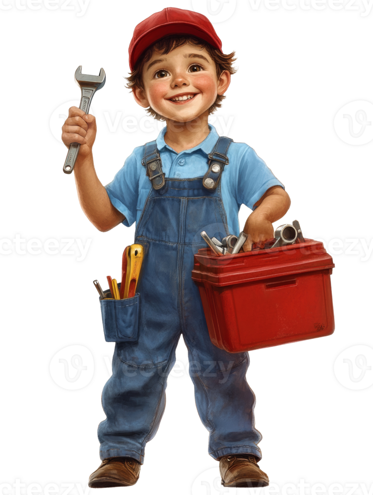 A Happy Young Boy Holding Tools and a Toolbox png