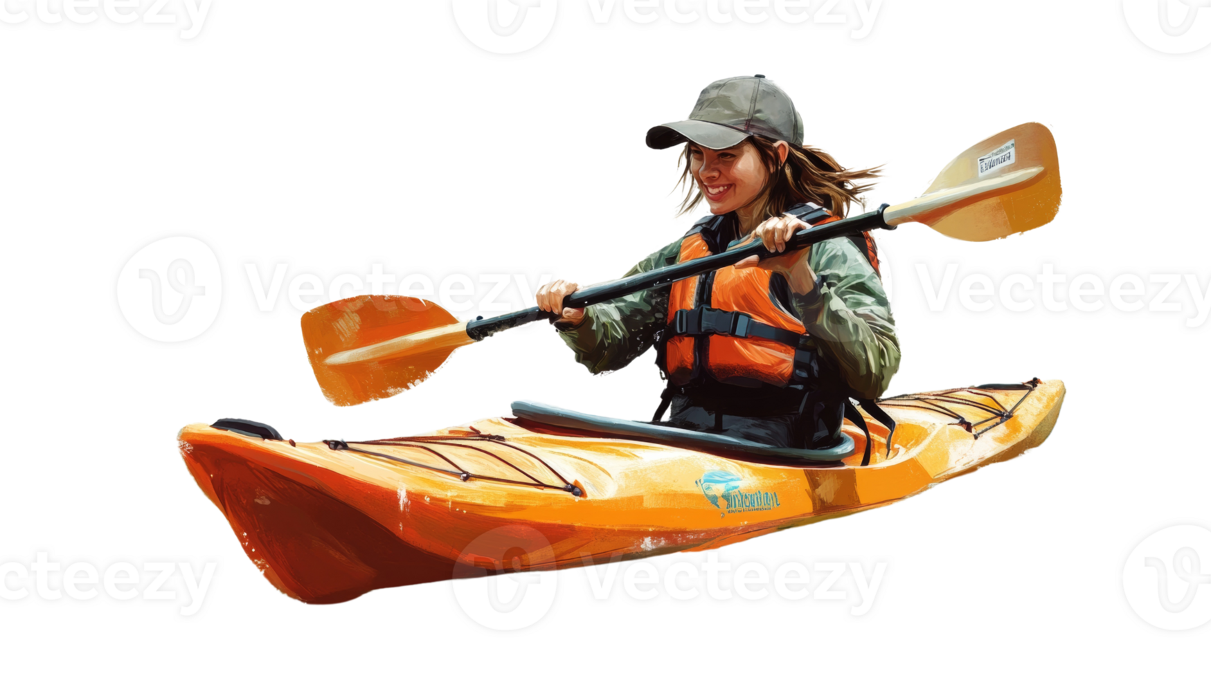 Woman Kayaking in an Orange Kayak on Water png