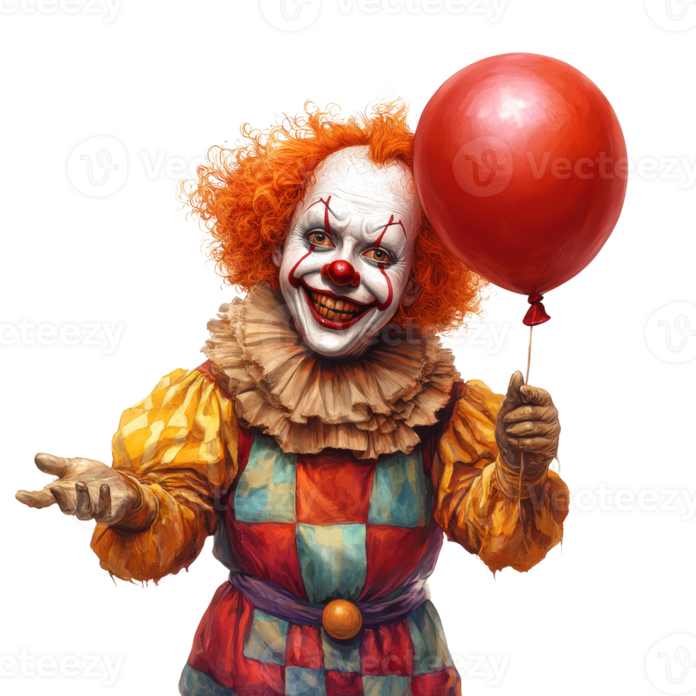 A smiling clown holds a red balloon cheerfully png