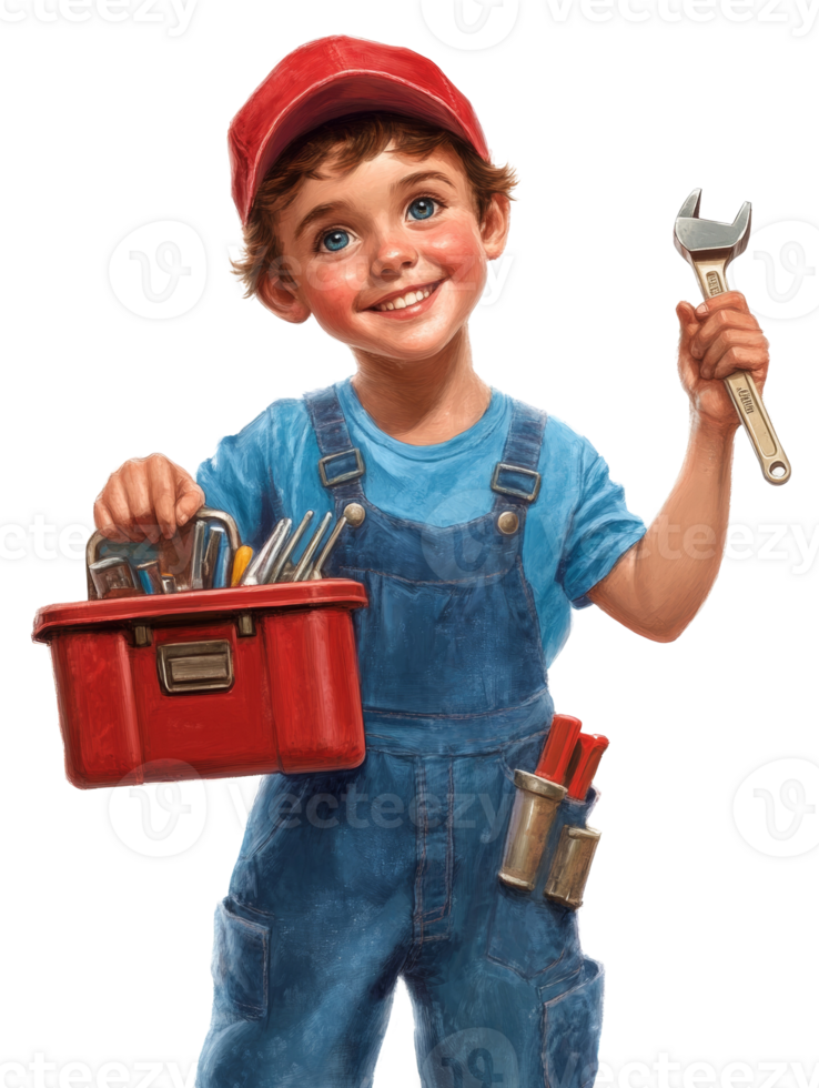 Happy Young Boy Mechanic With Tools and Wrench png