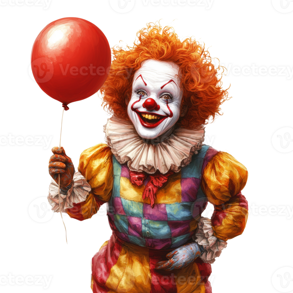 A cheerful clown holds a red balloon happily png