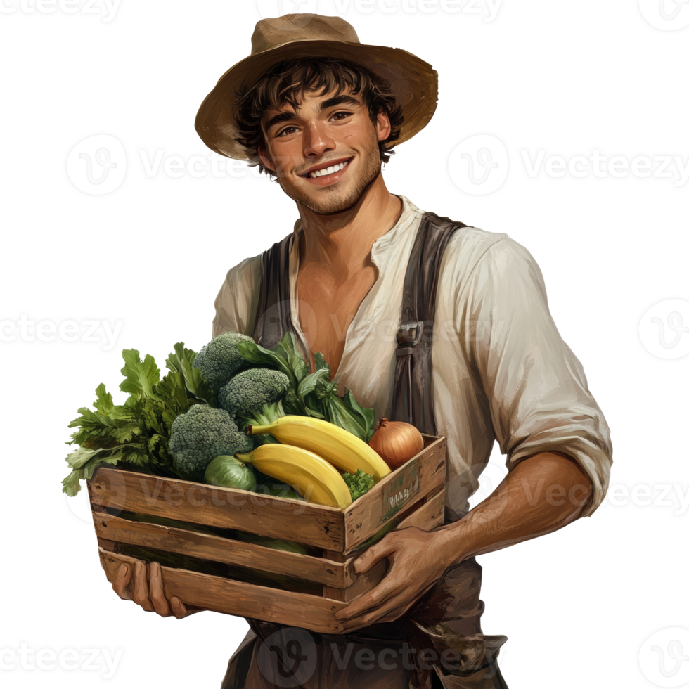 A smiling farmer holds a wooden crate of fresh produce png