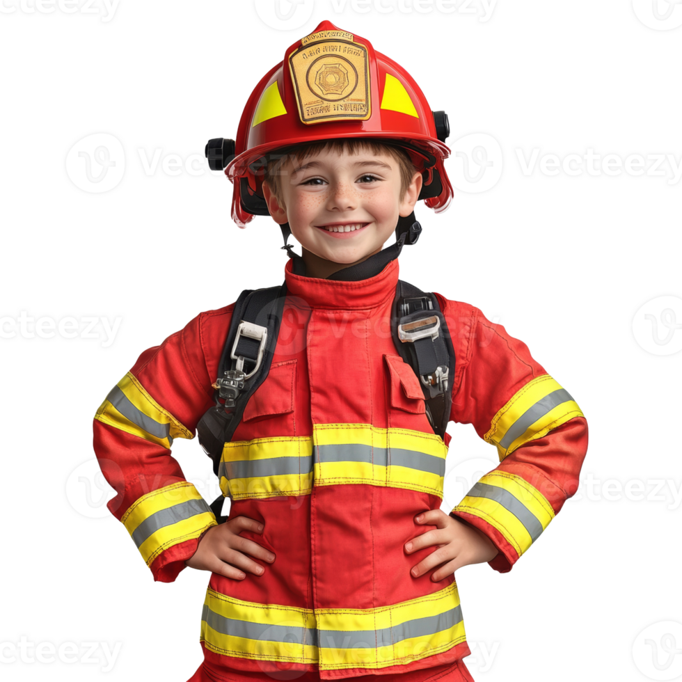 A smiling young boy dressed in a firefighter costume png