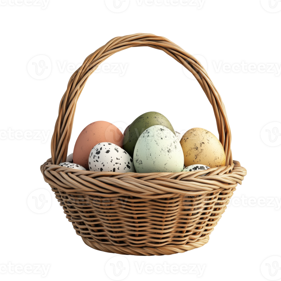 Easter Eggs in a Wicker Basket Displayed on White png