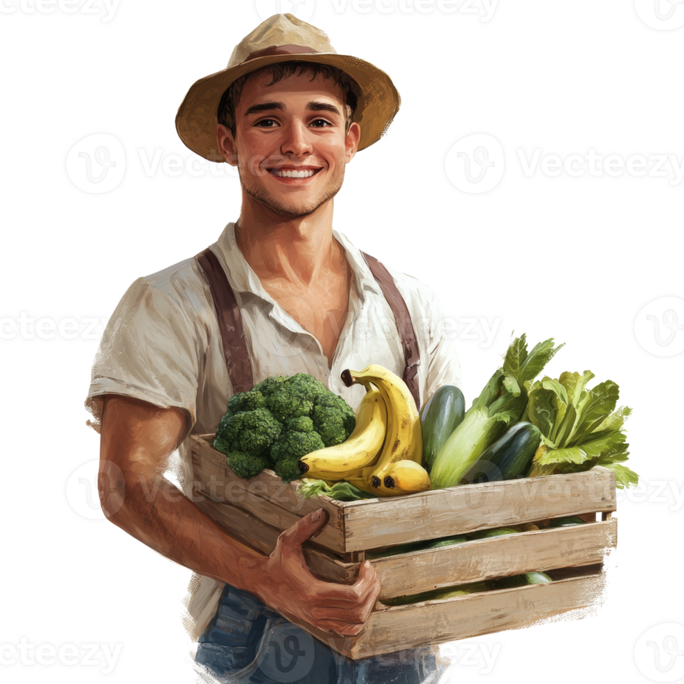Happy Farmer Holding A Crate Of Fresh Produce png