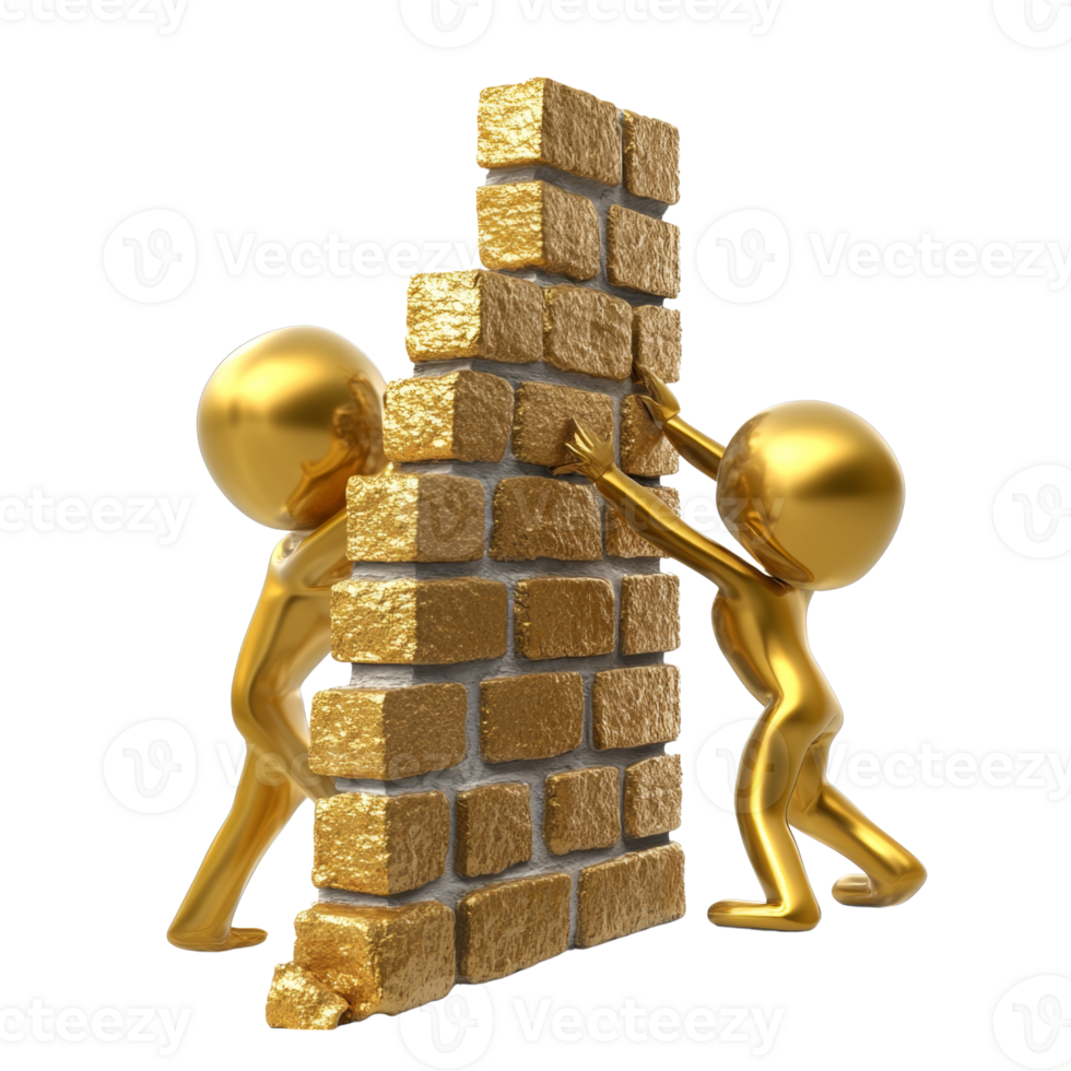 Golden figures collaborate to demolish a brick wall png