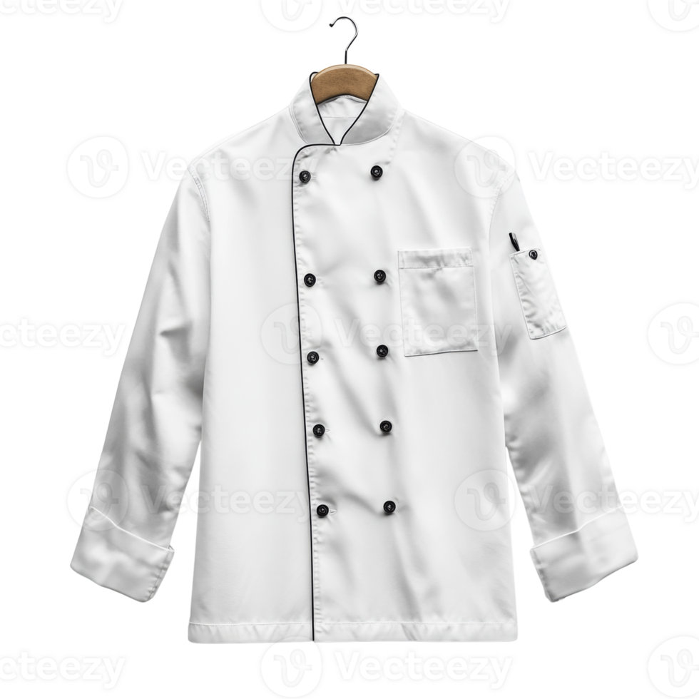 White Chefs Jacket Hanging On Wooden Hanger png