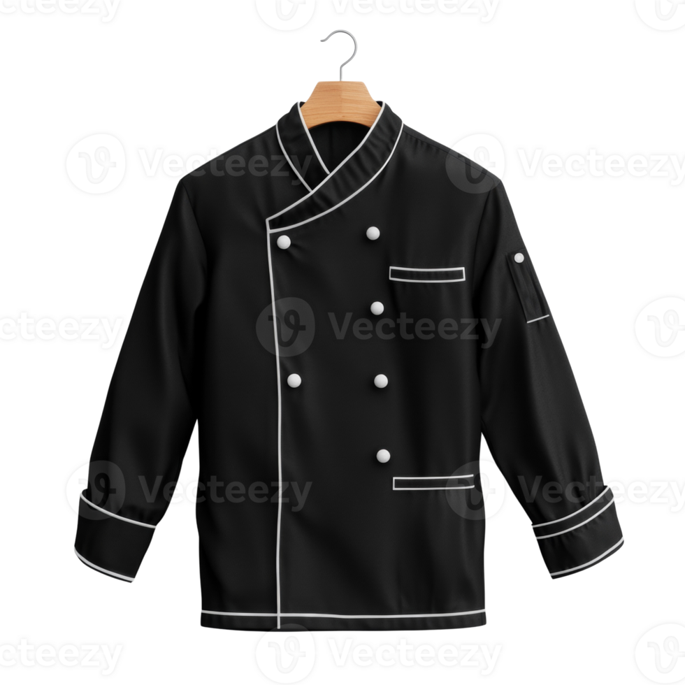 Black Chefs Jacket Hanging On Wooden Hanger png