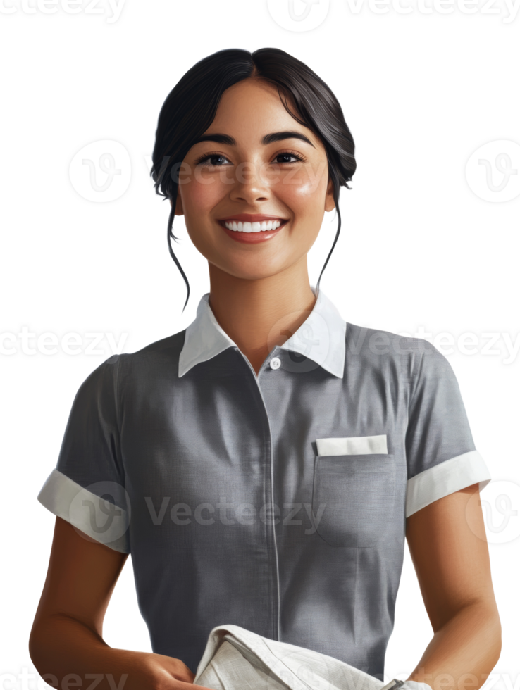 A smiling woman in a grey uniform holds a towel png