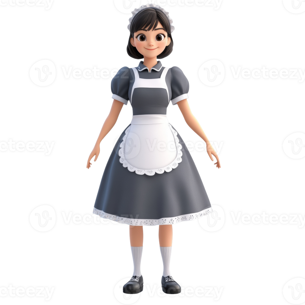 A happy cartoon maid in a grey uniform stands smiling png