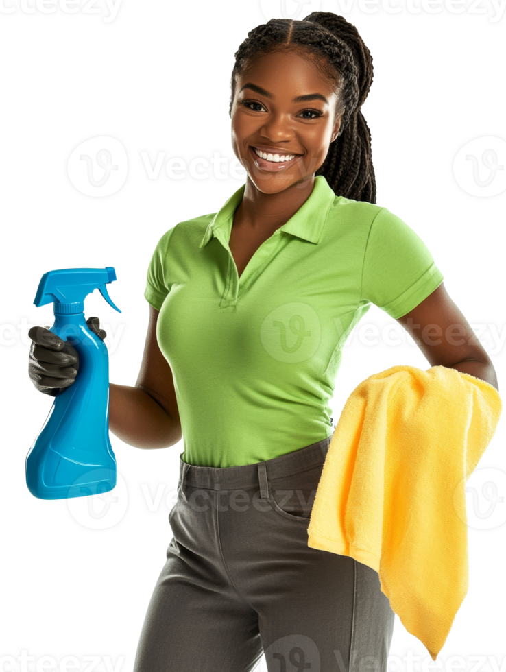 Happy Cleaner Holds Spray Bottle and Towel png
