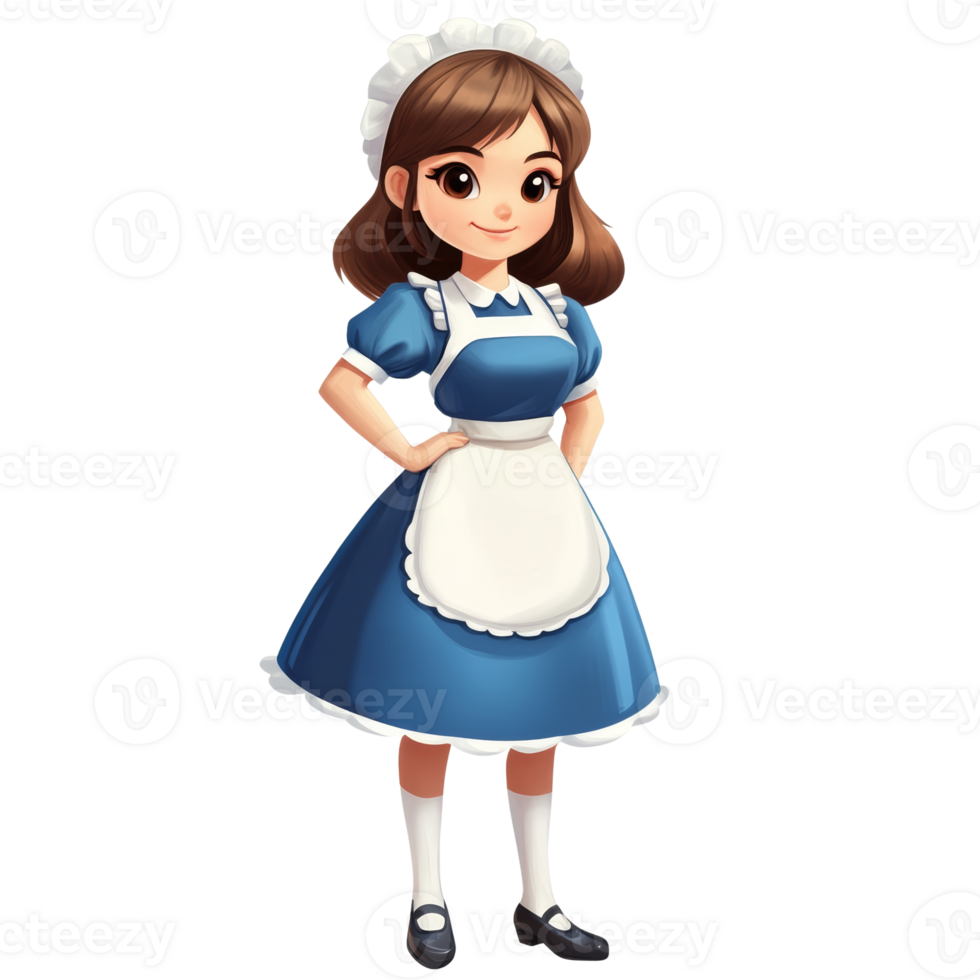 A Cute Maid Girl In A Blue Dress Stands Proudly png