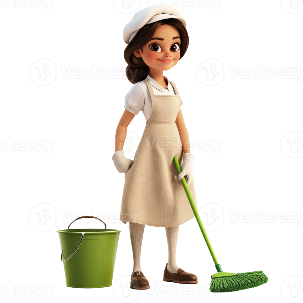 A Cartoon Maid Holds A Broom And Bucket png