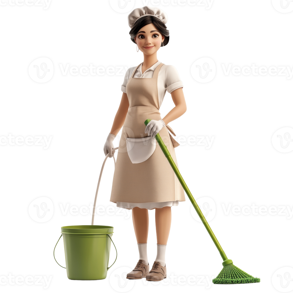 A Cartoon Maid Ready To Clean Holding A Broom And Bucket png