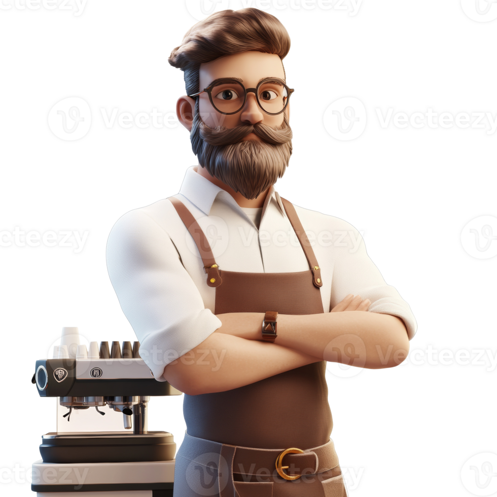A Cartoon Barista Stands Proudly Beside His Espresso Machine png