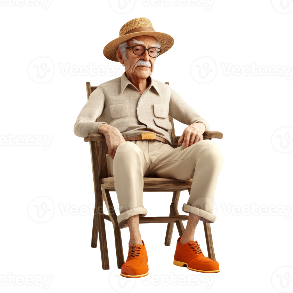 Elderly Gentleman Sitting Comfortably in Wooden Chair png
